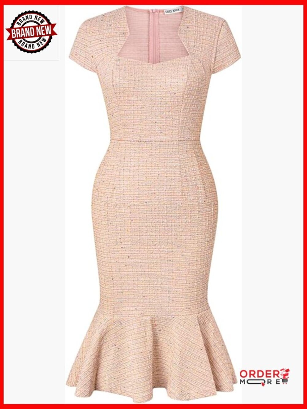 Bodycon Fishtail Midi Dress Cap Sleeve V-Neck Pencil Dress